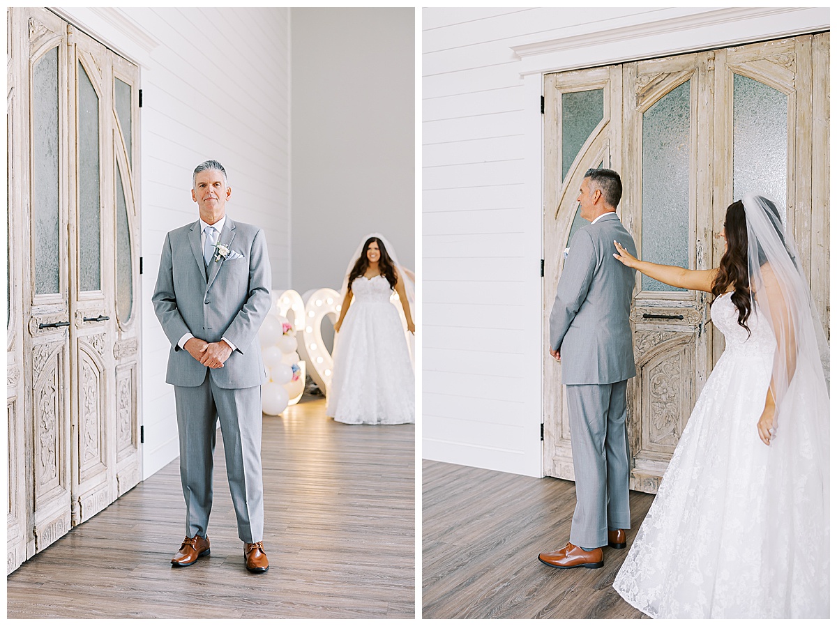 First look with dad - Abby and Conner's wedding at Chandelier Farms in Terrell TX. #weddingphotographer #dallasweddingphotographer #chandelierfarmswedding